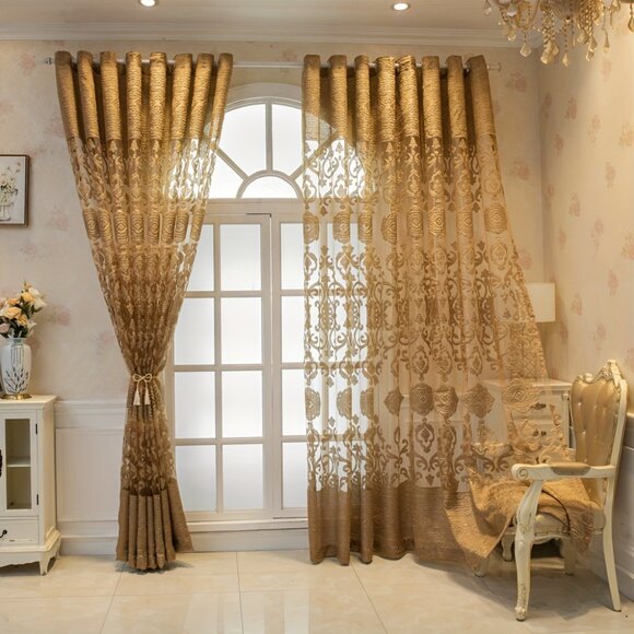 2Panels Vintage Luxe Golden Jacquard Sheer Curtains With Grommet Top - Picture 3 of 12